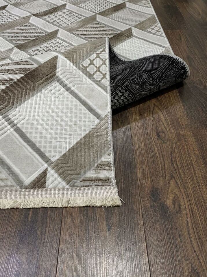 Krem Bej Saçaklı Modern Yıkanabilir Kabartmalı Kaymaz Taban Kesme Halı Yolluk 200 x 350 - YEŞİL