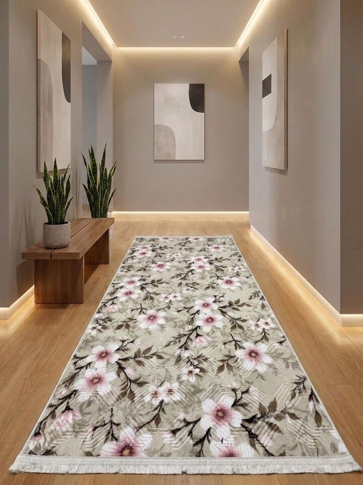 Pembe Krem Saçaklı Çiçekli Kabartmalı Yıkanabilir Kaymaz Taban Kesme Yolluk Salon Halısı 100 x 150 - Pembe1