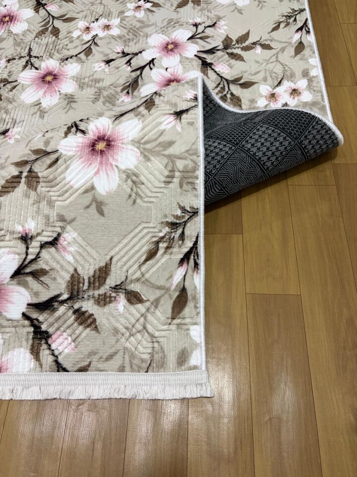 Pembe Krem Saçaklı Çiçekli Kabartmalı Yıkanabilir Kaymaz Taban Kesme Yolluk Salon Halısı 100 x 150 - Pembe1
