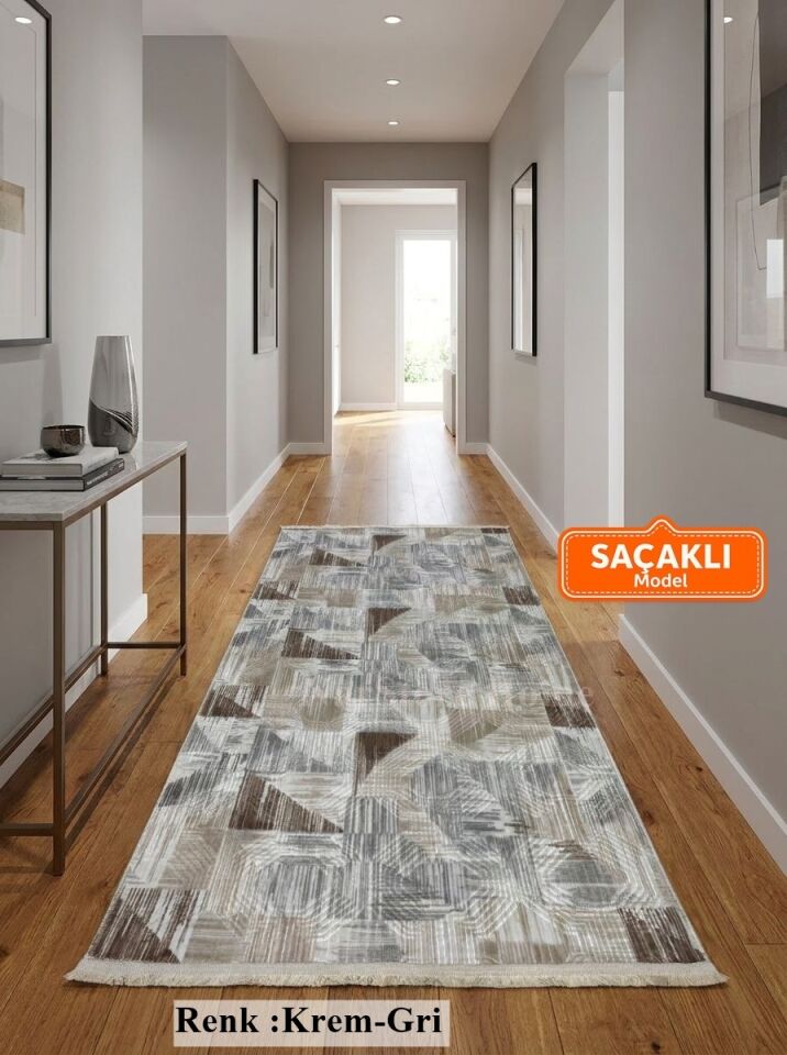Gri Krem Kahve Kaymaz Taban Yıkanabilir Kesme Yolluk Halı Modern Desen