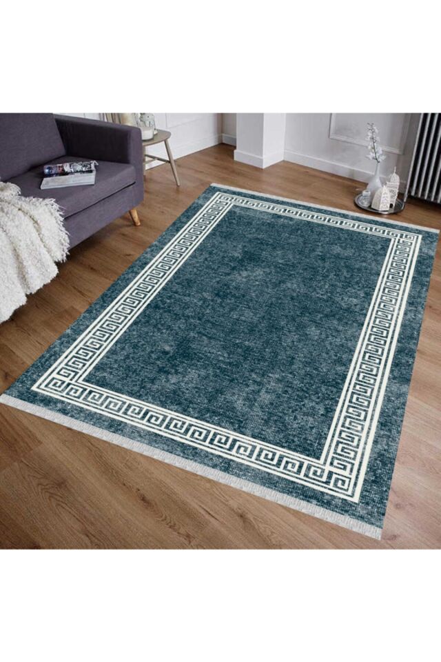 Yıkanabilir Mavi Çerçeveli Kilim
