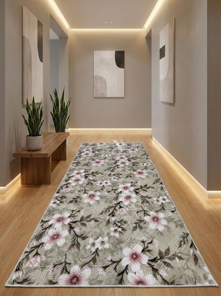 Krem Pembe Çiçekli Kabartmalı Yıkanabilir Kaymaz Taban Kesme Yolluk Salon Halısı Mutfak Halısı 100 x 250 - Pembe