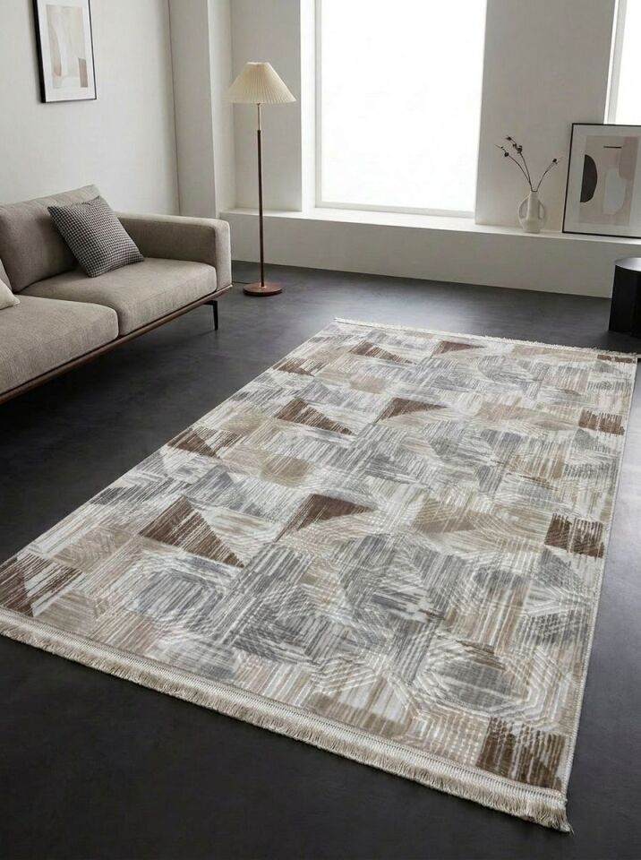 Gri Krem Kahve Kaymaz Taban Yıkanabilir Kesme Yolluk Halı Modern Desen 80 x 250 - GRİ