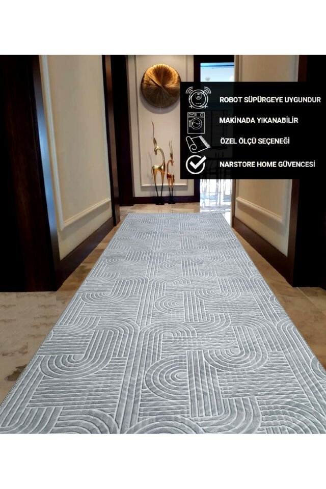 KAYMAZ TABAN SMART DİAMOND GRİ KABARTMALI  YIKANABİLİR KESME YOLLUK HALI Gri - 150 X 400
