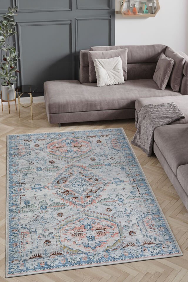 Dekoratif Yıkanabilir,İnce, Kaymaz Tabanlı, Modern Salon Halısı, Mutfak Halısı, Yolluk KCFRHT063 MAVİ - 100 x 300