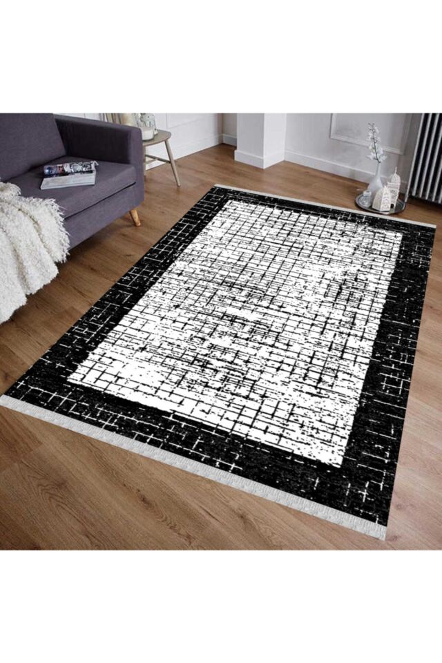 Yıkanabilir Siyah Çerçeveli Kilim SİYAH - 80 x 300