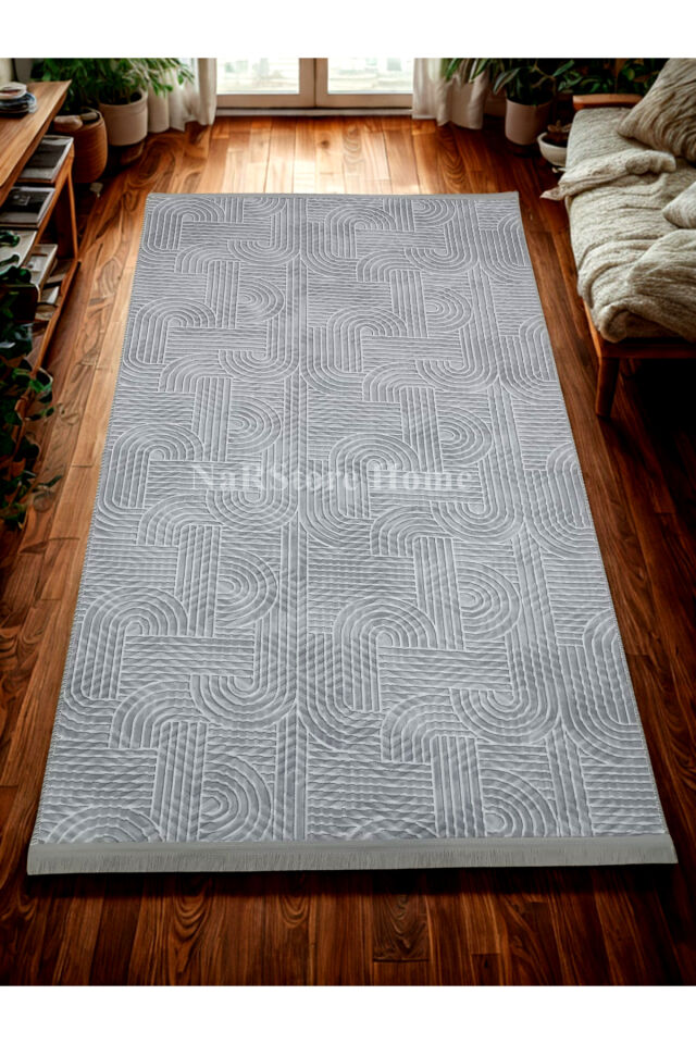 KAYMAZ TABAN SAÇAKLI SMART DİAMOND GRİ KABARTMALI YIKANABİLİR KESME YOLLUK HALI 80 x 900 - Beyaz
