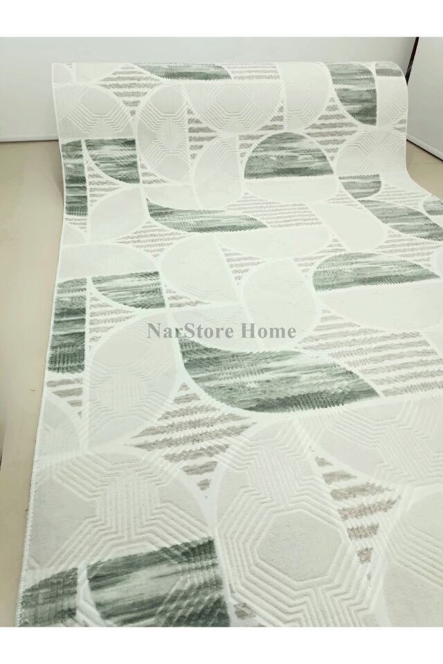 Dinar Geometrik Desen Saçaklı Yeşil Kaymaz Taban Yıkanabilir Kesme Yolluk Halı 80 x 900 - Krem