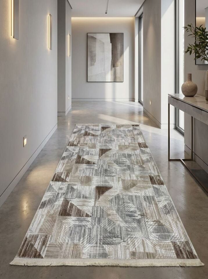 Dinar Saçaklı Gri Kahve Kaymaz Taban Yıkanabilir Kesme Yolluk Halı Modern Desen 100 x 100 - KAHVERENGİ