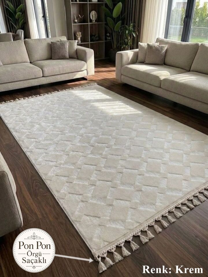 Krem Kaymaz Taban Pon Pon Saçaklı Yıkanabilir Salon Halısı Mutfak Halısı Yolluk