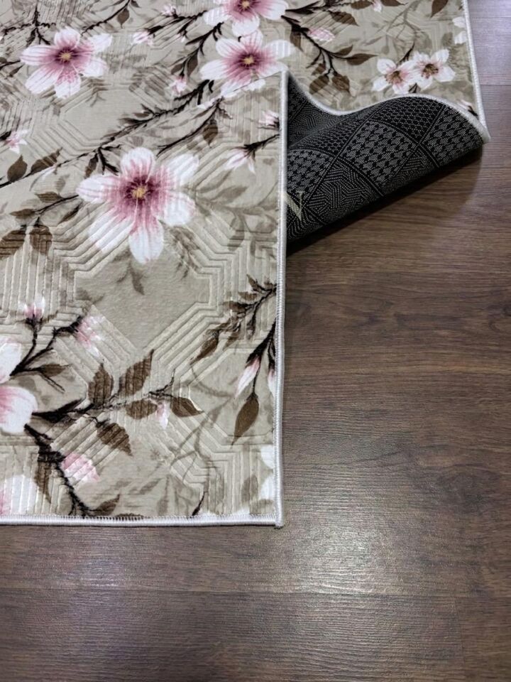 Krem Pembe Çiçekli Kabartmalı Yıkanabilir Kaymaz Taban Kesme Yolluk Salon Halısı Mutfak Halısı 100 x 800 - Pembe