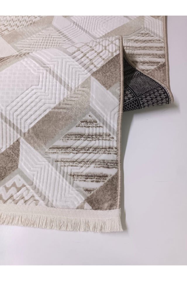 Dinar Motif Bej Kahverengi Kaymaz Taban Kesme Yolluk Halı Modern Desen Bej - 120 X 350