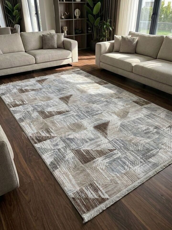 Dinar Saçaklı Gri Kahve Kaymaz Taban Yıkanabilir Kesme Yolluk Halı Modern Desen 100 x 380 - KAHVERENGİ