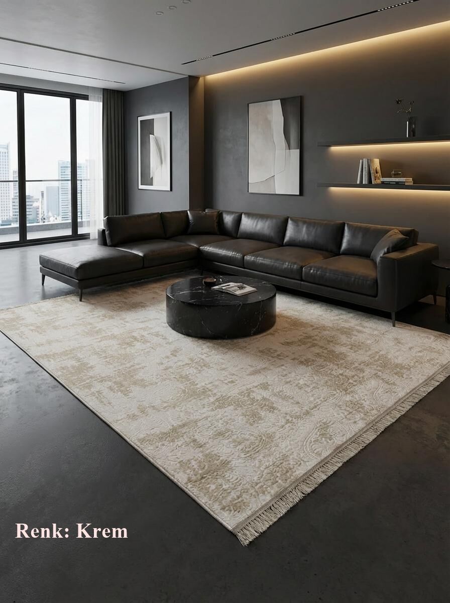 Kaymaz Tabanlı Saçaklı Yıkanabilir Leke Tutmaz Kesme Kabartmalı Salon Koridor Mutfak Halısı 150 x 350 - Krem