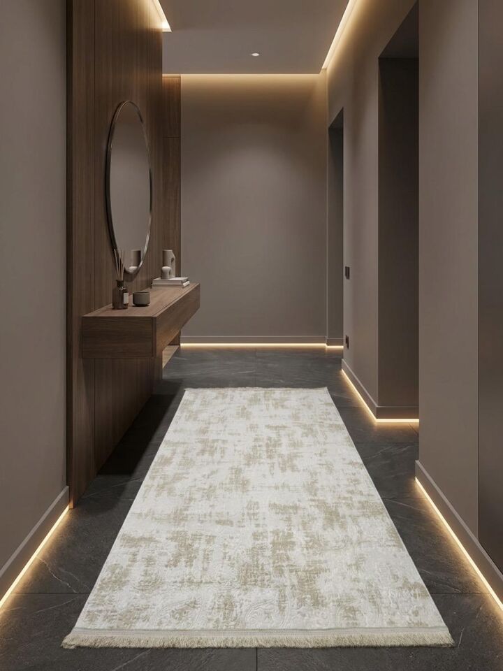Kaymaz Tabanlı Saçaklı Yıkanabilir Leke Tutmaz Kesme Kabartmalı Salon Koridor Mutfak Halısı 150 x 450 - Krem