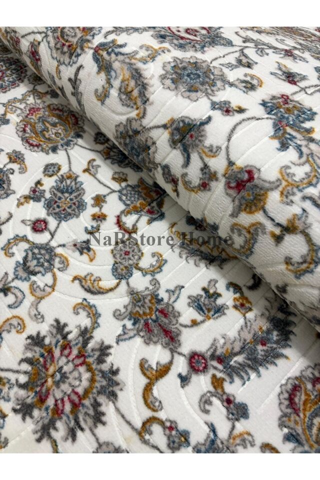 Çiçekli Otantik Desen Mavi Krem Kaymaz Taban Yıkanabilir Kesme Yolluk Halı 100 x 150 - Krem