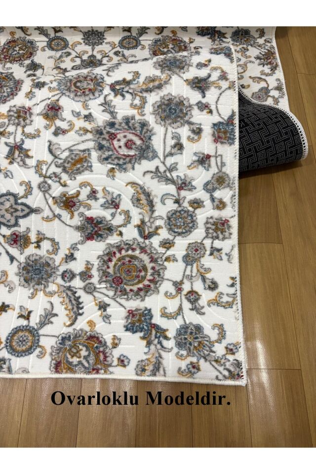 Çiçekli Otantik Desen Mavi Krem Kaymaz Taban Yıkanabilir Kesme Yolluk Halı 100 x 650 - Krem