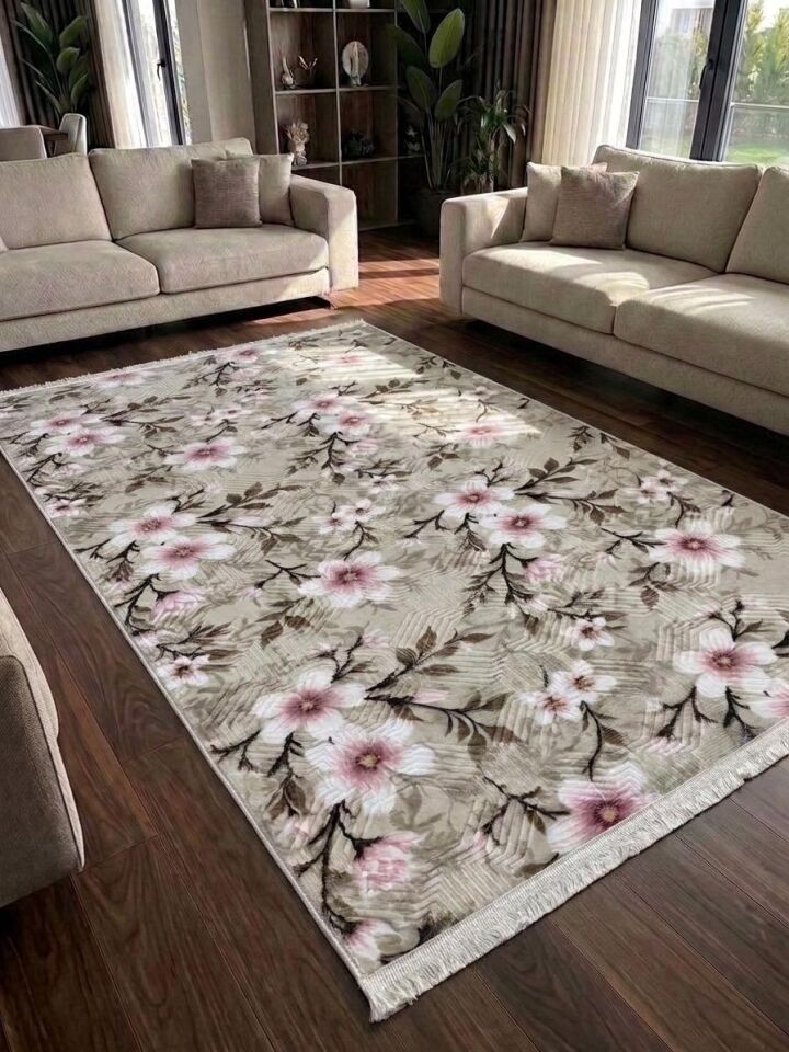 Pembe Krem Saçaklı Çiçekli Kabartmalı Yıkanabilir Kaymaz Taban Kesme Yolluk Salon Halısı 120 x 180 - Pembe1