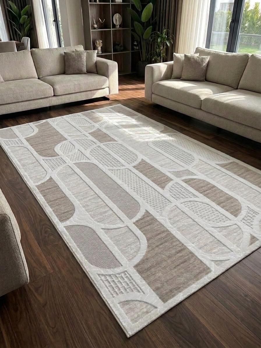 Kaymaz Taban Krem Bej Modern Geometrik Yıkanabilir Koridor Salon Mutfak Yolluk Halı