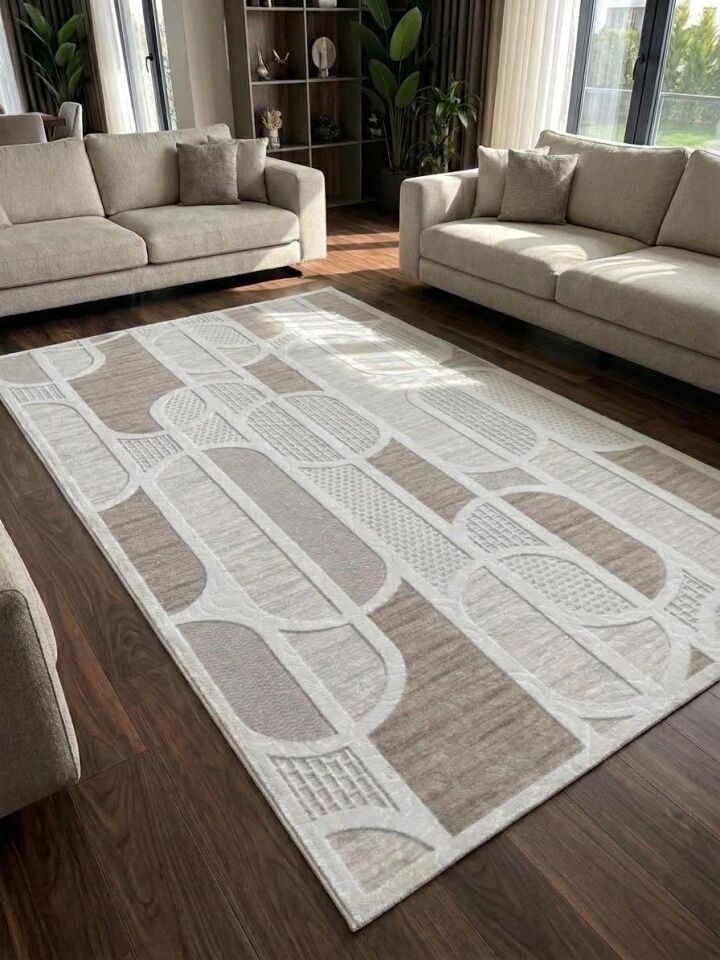 Kaymaz Taban Krem Bej Modern Geometrik Yıkanabilir Koridor Salon Mutfak Yolluk Halı