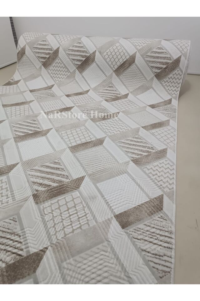Dinar Motif Bej Kahverengi Kaymaz Taban Kesme Yolluk Halı Modern Desen Kahverengi - 100 X 150