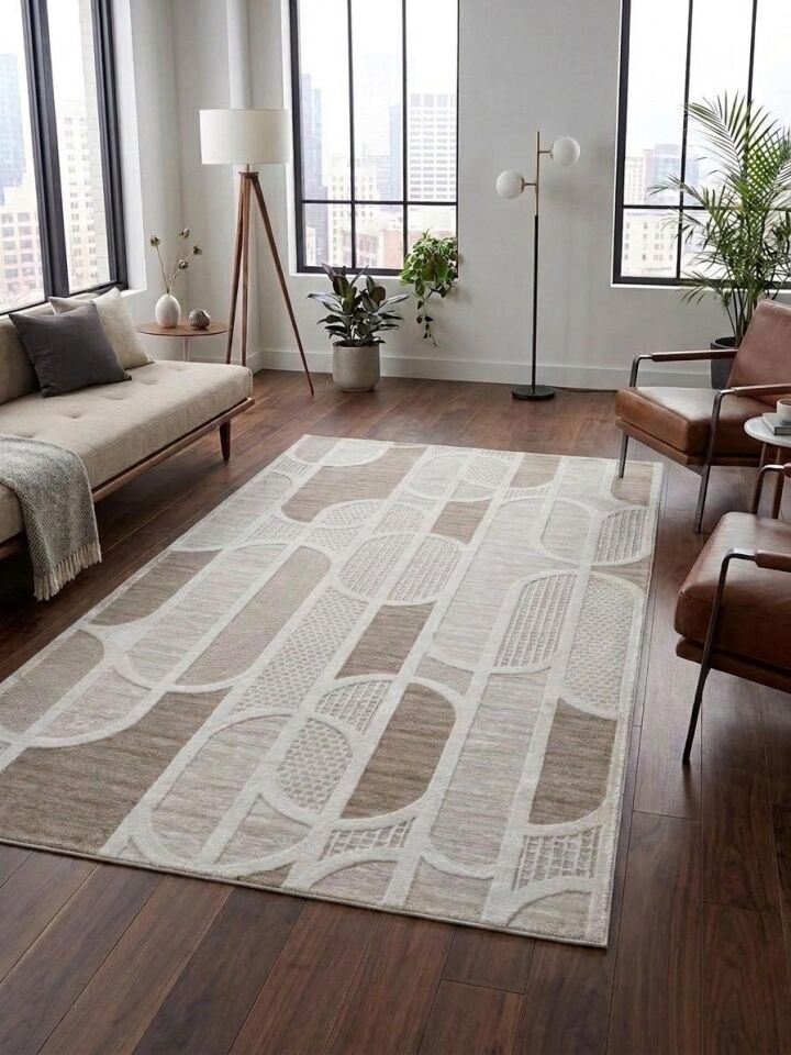 Kaymaz Taban Krem Bej Modern Geometrik Yıkanabilir Koridor Salon Mutfak Yolluk Halı 80 x 220 - Krem