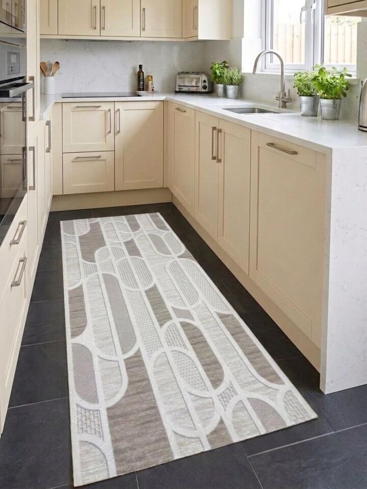 Kaymaz Taban Krem Bej Modern Geometrik Yıkanabilir Koridor Salon Mutfak Yolluk Halı 80 x 220 - Krem