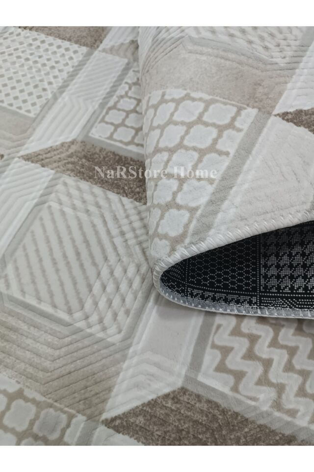 Dinar Motif Bej Kahverengi Kaymaz Taban Kesme Yolluk Halı Modern Desen Kahverengi - 100 X 400