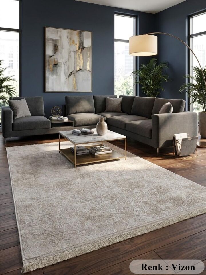 Kaymaz Tabanlı Saçaklı Yıkanabilir Leke Tutmaz Kesme Kabartmalı Salon Koridor Mutfak Halısı 80 x 150 - VİZON