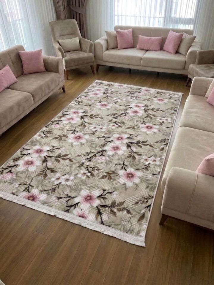 Pembe Krem Saçaklı Çiçekli Kabartmalı Yıkanabilir Kaymaz Taban Kesme Yolluk Salon Halısı 120 x 350 - Pembe1