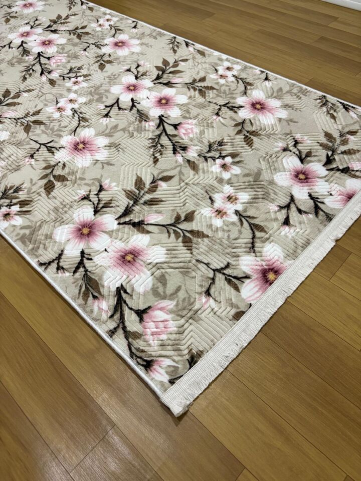 Pembe Krem Saçaklı Çiçekli Kabartmalı Yıkanabilir Kaymaz Taban Kesme Yolluk Salon Halısı 120 x 350 - Pembe1