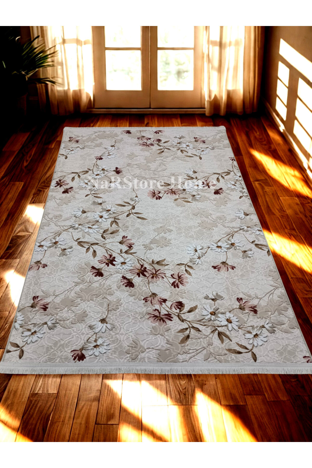 ELİT SAÇAKLI PEMBE KAHVE ÇİÇEKLİ KABARTMALI KAYMAZ TABAN YIKANABİLİR KESME YOLLUK HALI 120 x 250 - Pembe