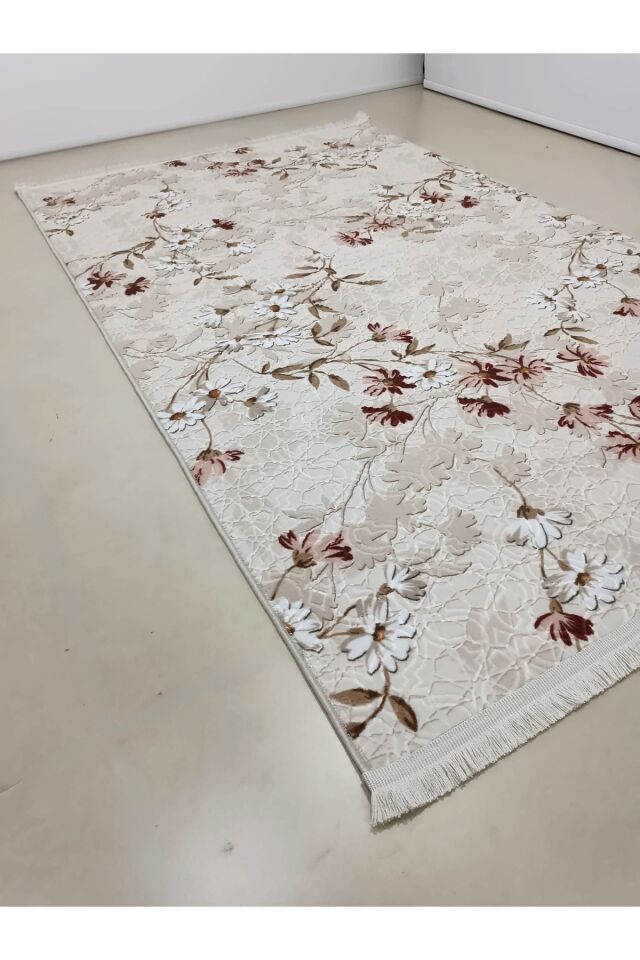 ELİT SAÇAKLI PEMBE KAHVE ÇİÇEKLİ KABARTMALI KAYMAZ TABAN YIKANABİLİR KESME YOLLUK HALI 120 x 250 - Pembe
