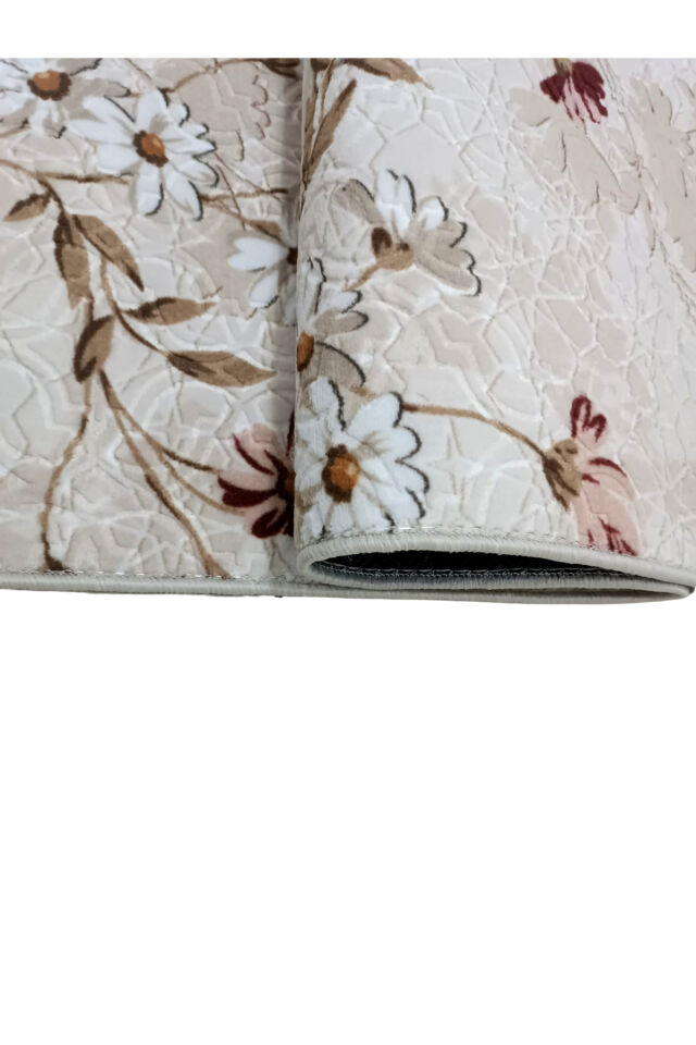 ELİT SAÇAKLI PEMBE KAHVE ÇİÇEKLİ KABARTMALI KAYMAZ TABAN YIKANABİLİR KESME YOLLUK HALI 120 x 250 - Pembe