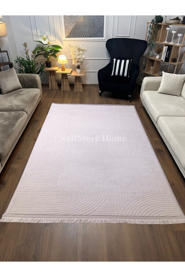 Rölyef Joy Krem Saçaklı Kaymaz Taban Kesme Halı Yolluk 120 x 350 - BEJ