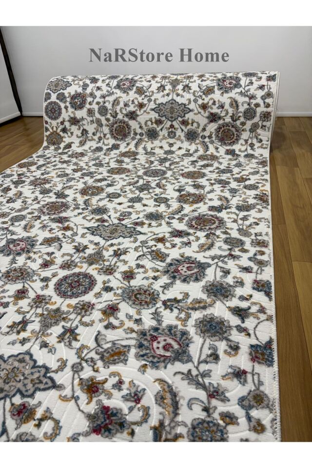 Çiçekli Otantik Desen Mavi Krem Kaymaz Taban Yıkanabilir Kesme Yolluk Halı 150 x 230 - Krem
