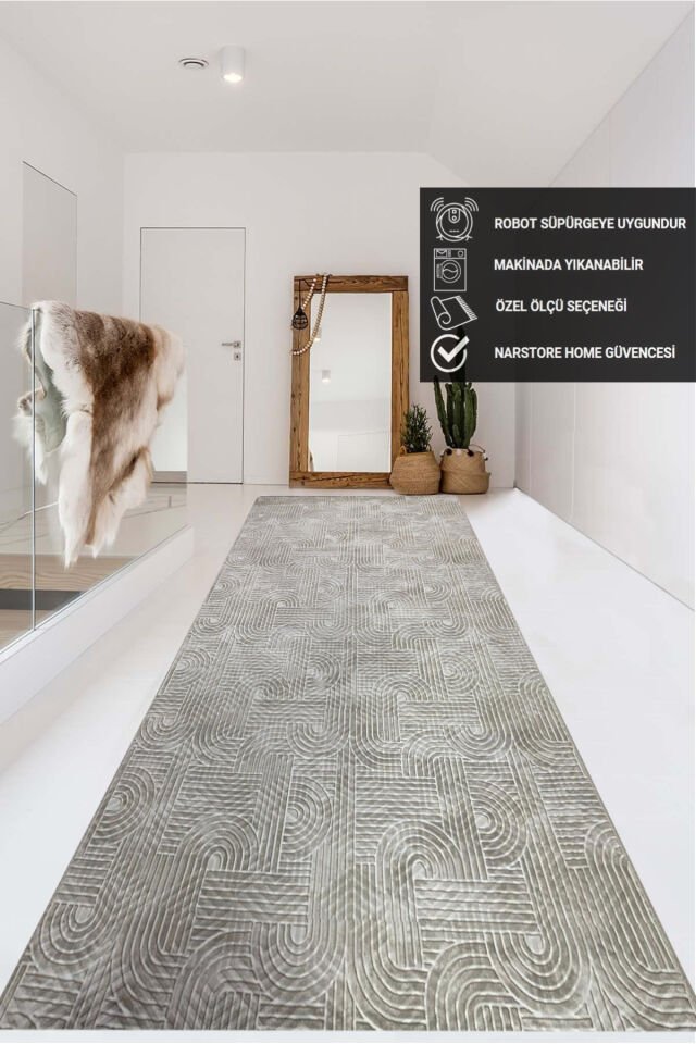 KAYMAZ TABAN SMART DİAMOND GRİ KABARTMALI  YIKANABİLİR KESME YOLLUK HALI Krem - 100 X 250