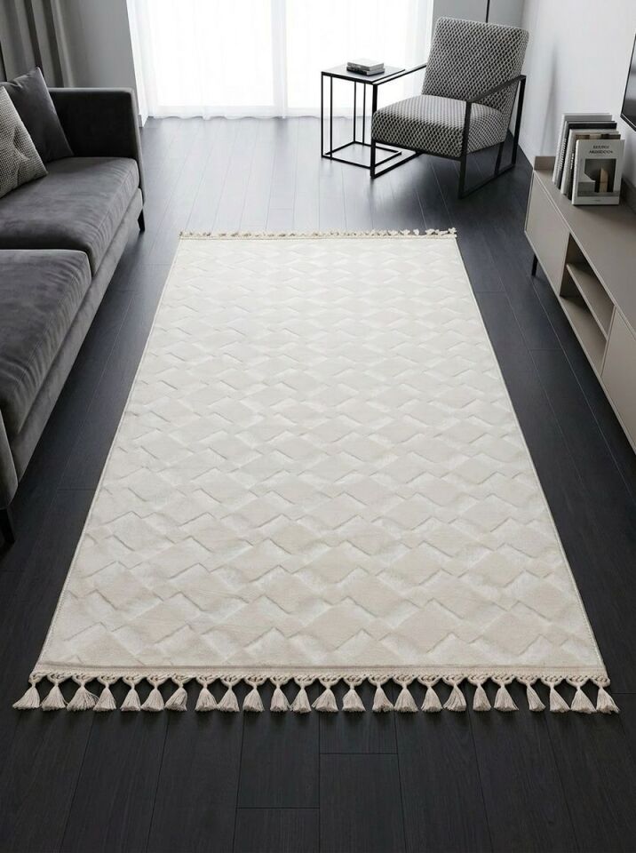 Krem Kaymaz Taban Pon Pon Saçaklı Yıkanabilir Salon Halısı Mutfak Halısı Yolluk Krem - 120 x 500