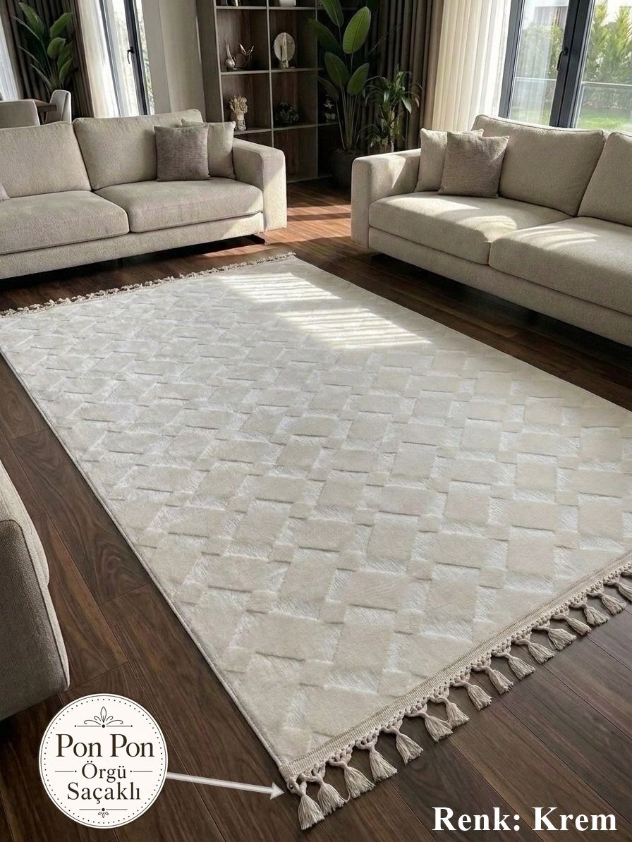 Krem Kaymaz Taban Pon Pon Saçaklı Yıkanabilir Salon Halısı Mutfak Halısı Yolluk 120 x 550 - Krem