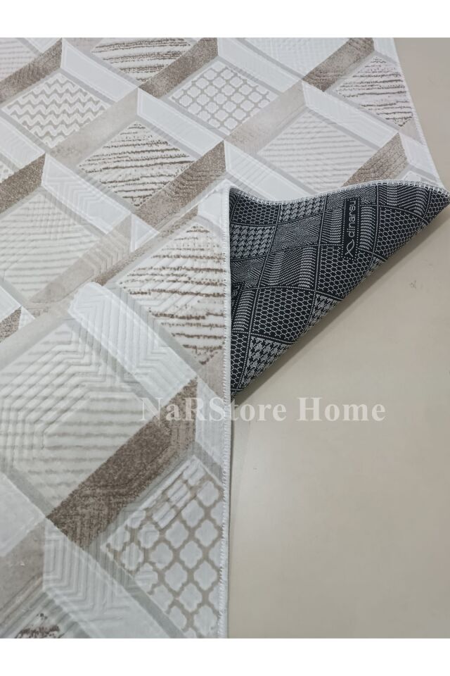 Dinar Motif Bej Kahverengi Kaymaz Taban Kesme Yolluk Halı Modern Desen Kahverengi - 100 X 280