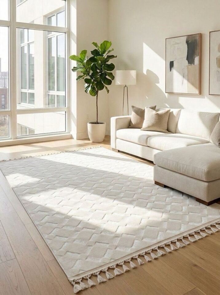 Krem Kaymaz Taban Pon Pon Saçaklı Yıkanabilir Salon Halısı Mutfak Halısı Yolluk Krem - 150 x 200