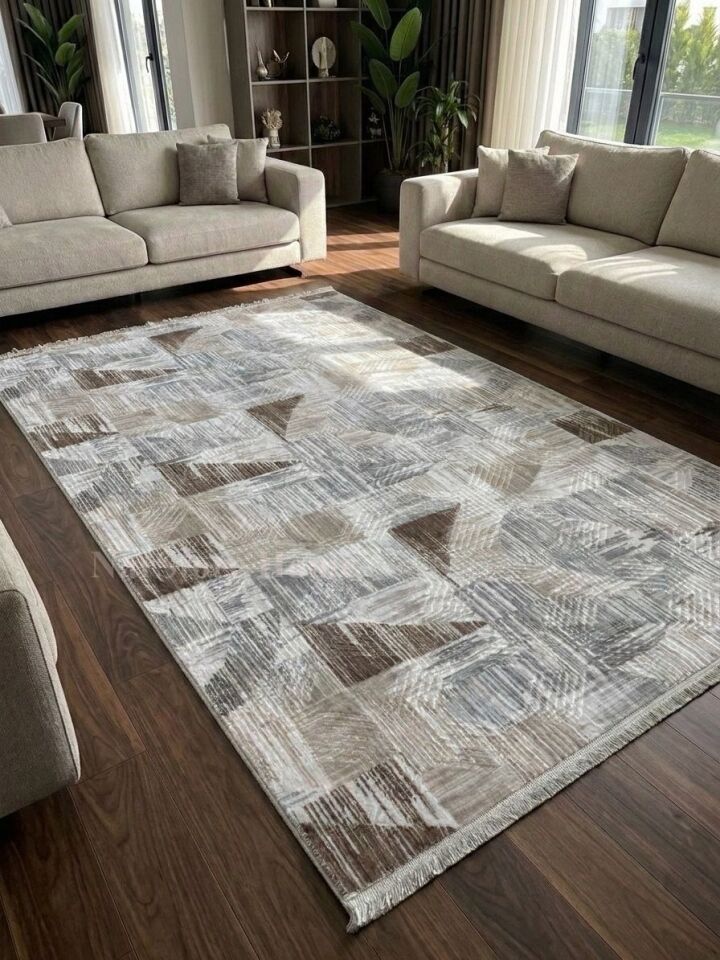 Dinar Saçaklı Gri Kahve Kaymaz Taban Yıkanabilir Kesme Yolluk Halı Modern Desen 80 x 600 - KAHVERENGİ