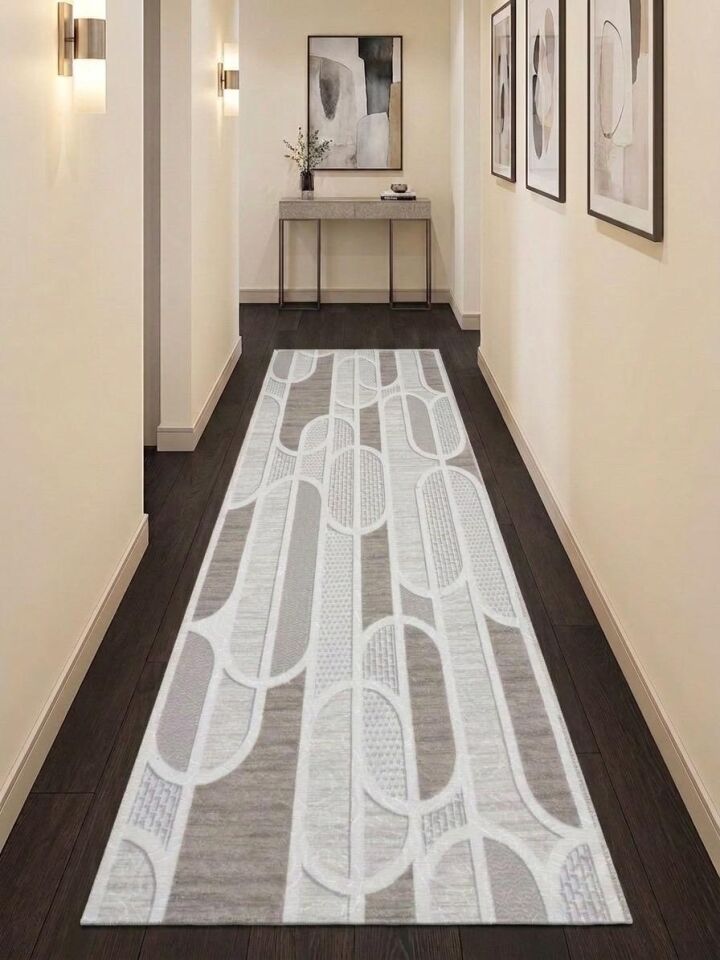 Kaymaz Taban Krem Bej Modern Geometrik Yıkanabilir Koridor Salon Mutfak Yolluk Halı 100 x 600 - Krem