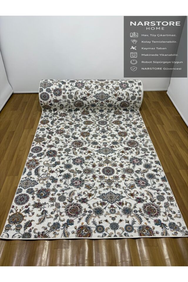 Çiçekli Otantik Desen Mavi Krem Kaymaz Taban Yıkanabilir Kesme Yolluk Halı 100 x 320 - Krem