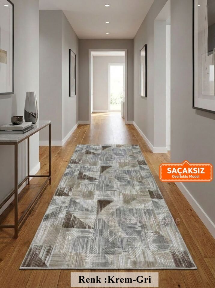 Gri Kahve Krem Kaymaz Taban Yıkanabilir Kesme Yolluk Halı Modern Desen 40 x 60 - GRİ