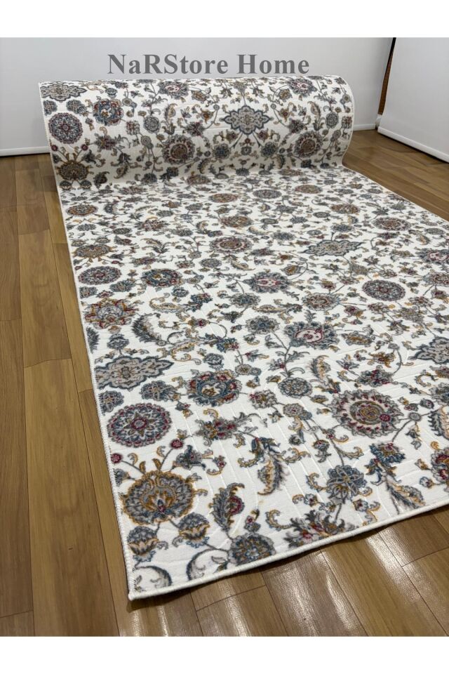 Çiçekli Otantik Desen Mavi Krem Kaymaz Taban Yıkanabilir Kesme Yolluk Halı 100 x 600 - Krem
