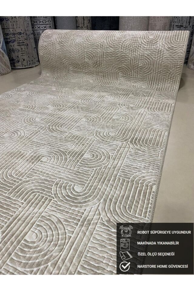 KAYMAZ TABAN SMART DİAMOND GRİ KABARTMALI  YIKANABİLİR KESME YOLLUK HALI Krem - 80 X 900