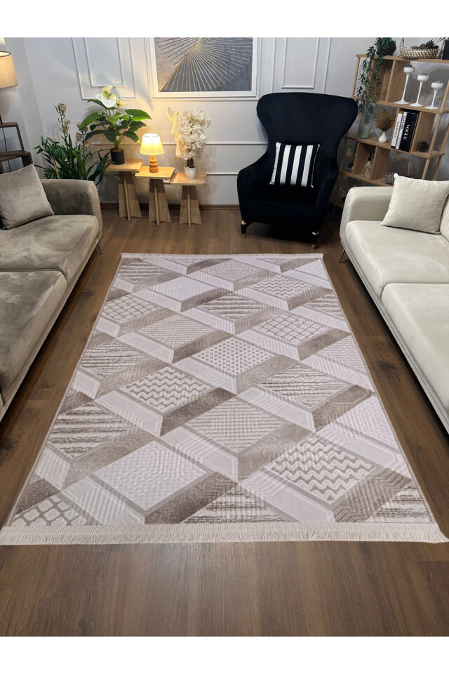 Dinar Motif Bej Kahverengi Kaymaz Taban Kesme Yolluk Halı Modern Desen 150 x 450 - BEJ