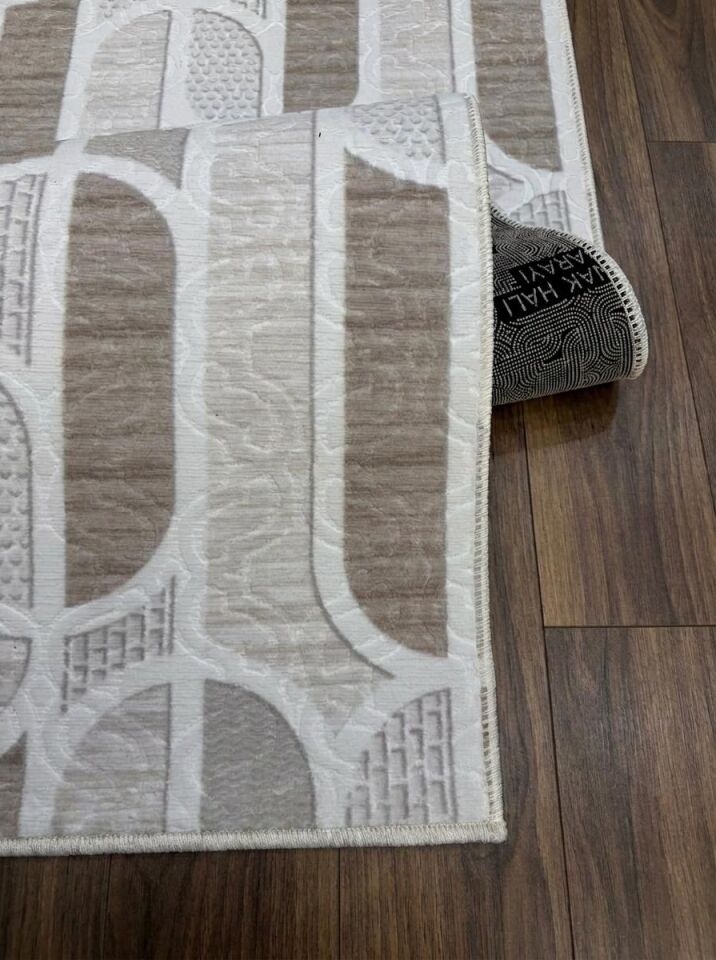 Kaymaz Taban Krem Bej Modern Geometrik Yıkanabilir Koridor Salon Mutfak Yolluk Halı 120 x 550 - Krem