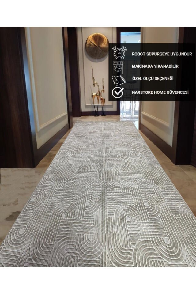 KAYMAZ TABAN SMART DİAMOND GRİ KABARTMALI  YIKANABİLİR KESME YOLLUK HALI Krem - 120 X 200
